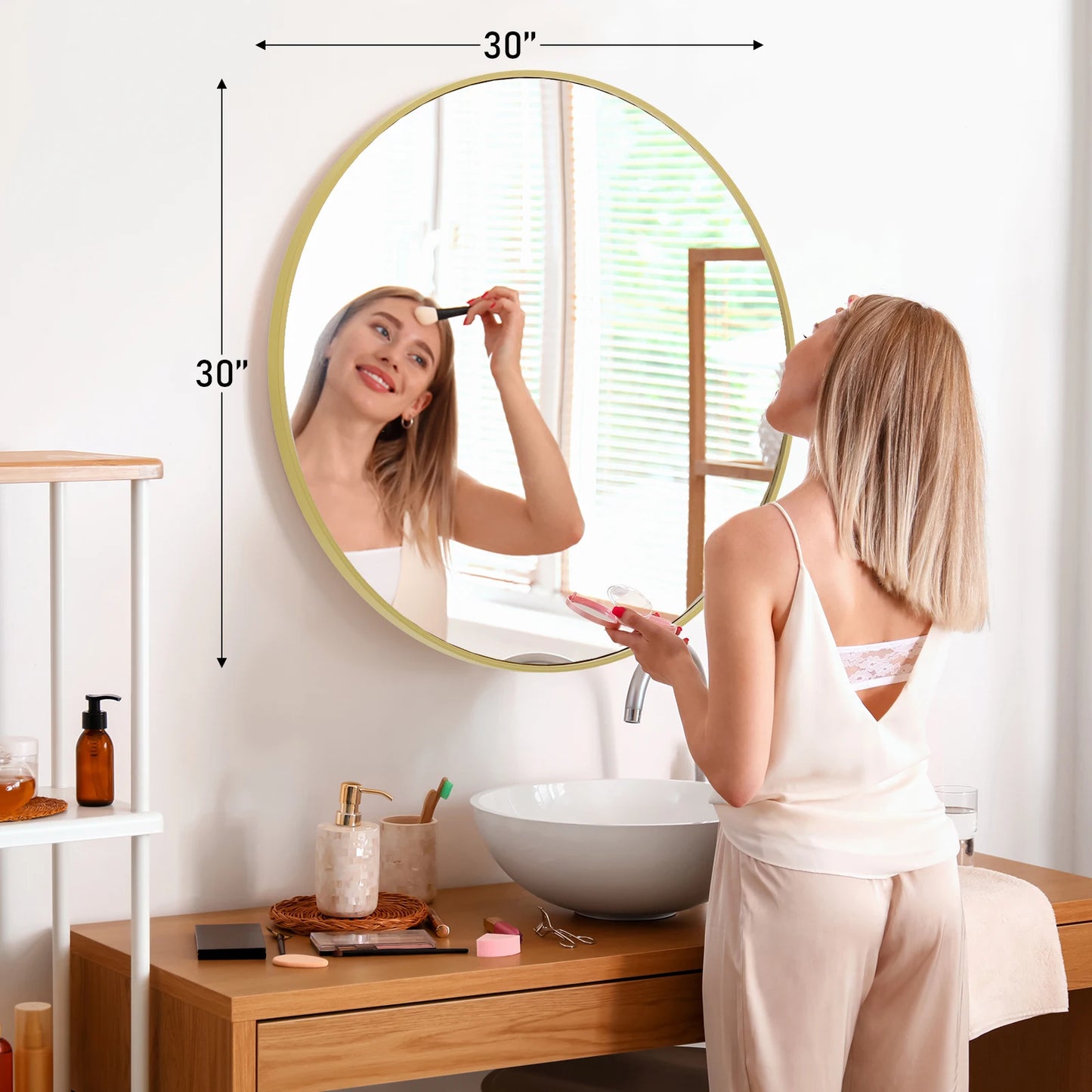 JHK Modern Round Vanity Wall Mirror With Matte Metal Frame