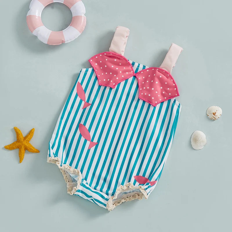 Striped Sleeveless Square Neck Baby Girl Swimsuit Toddler Bathing Suit