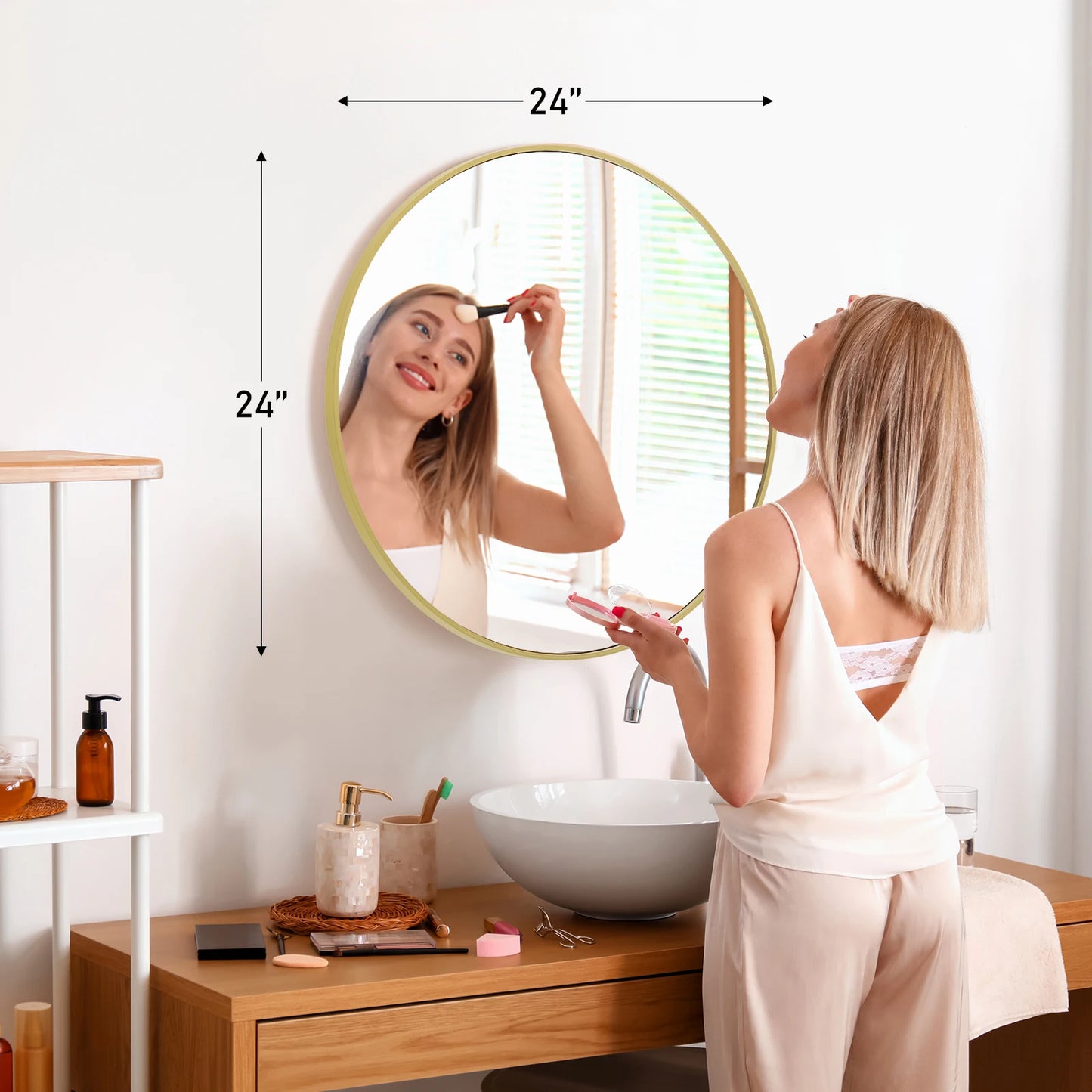 JHK Modern Round Vanity Wall Mirror With Matte Metal Frame