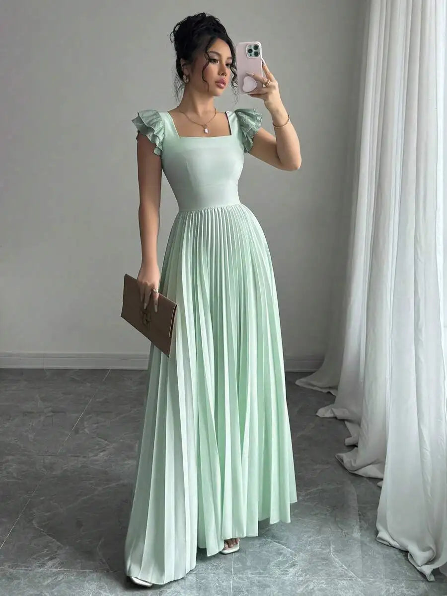 Elegant Square Neck Ruffled Sleeve Pleated Maxi Dress