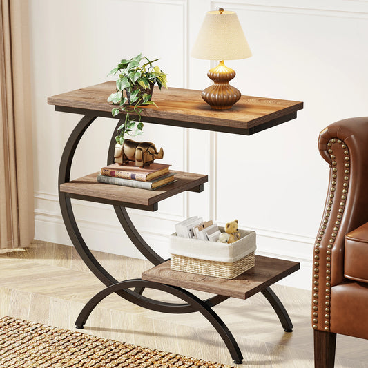 Tribesigns C Shaped End Table With Industrial Three-Tier Storage Shelves