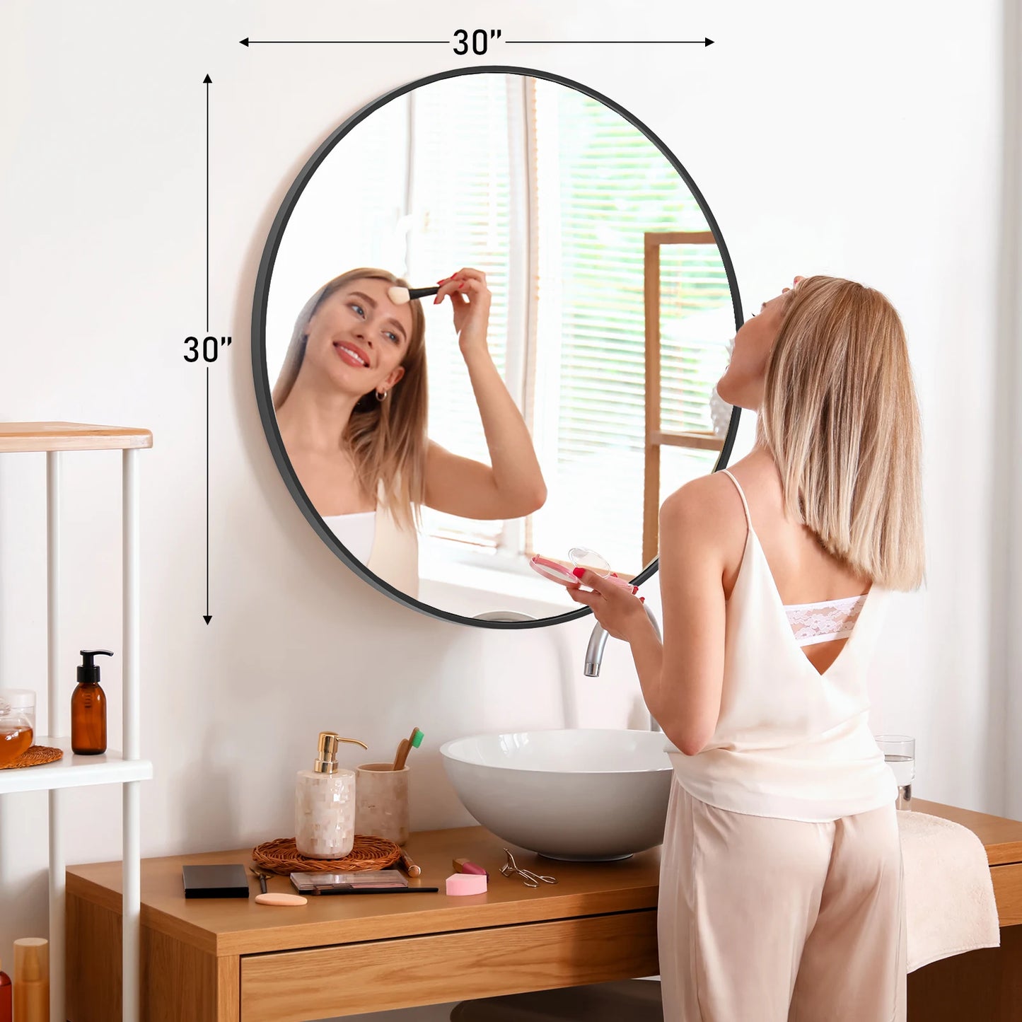 JHK Modern Round Vanity Wall Mirror With Matte Metal Frame