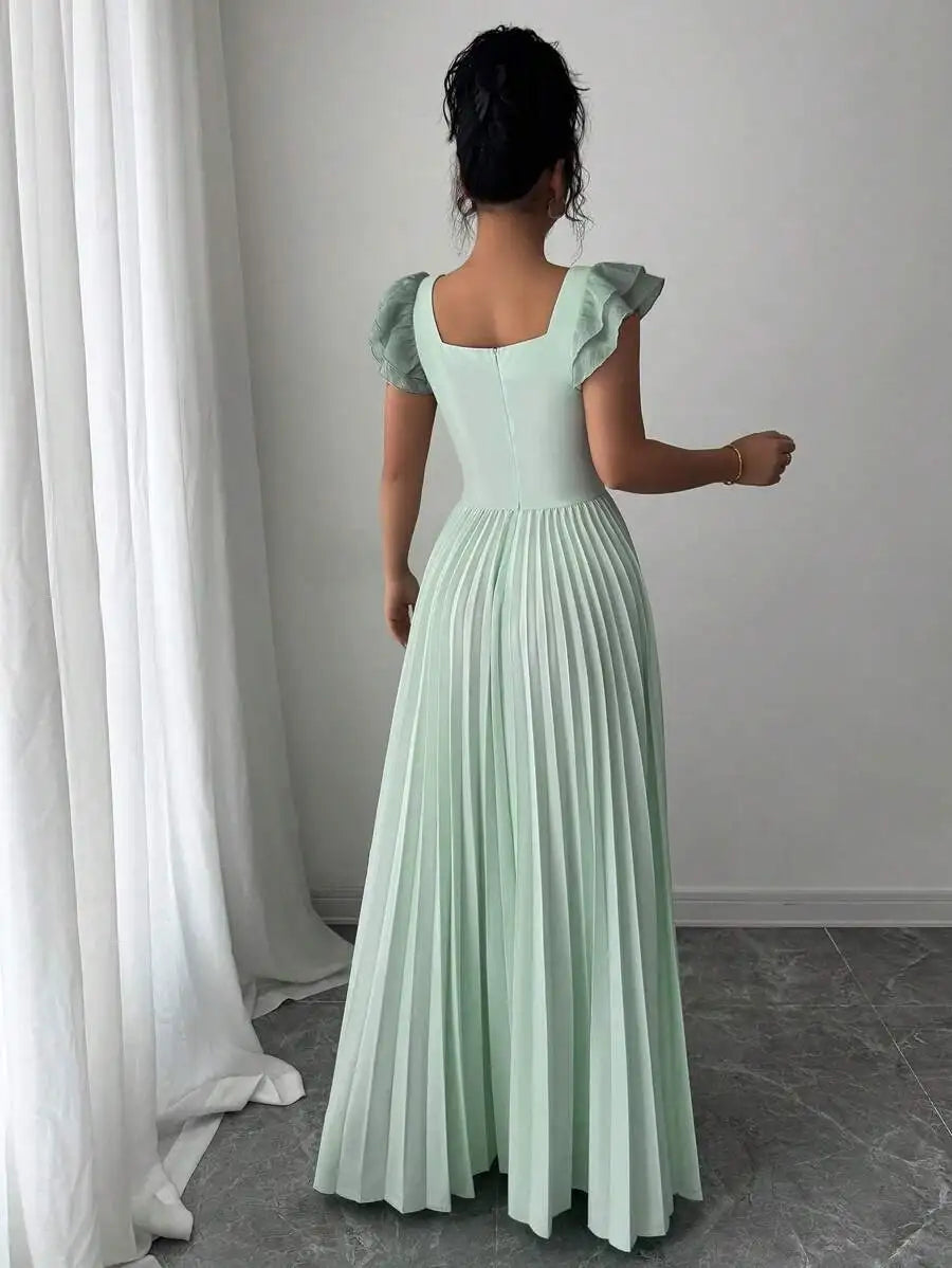 Elegant Square Neck Ruffled Sleeve Pleated Maxi Dress