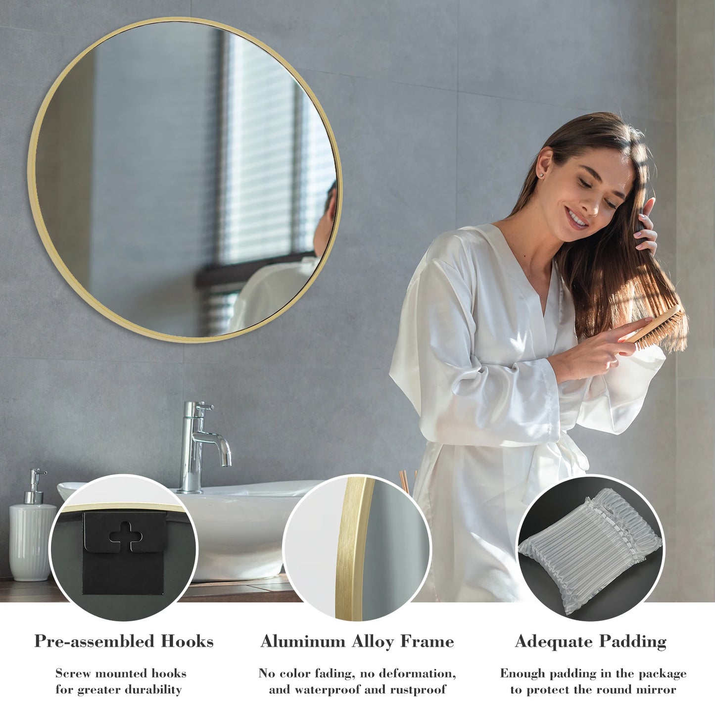 JHK Modern Round Vanity Wall Mirror With Matte Metal Frame