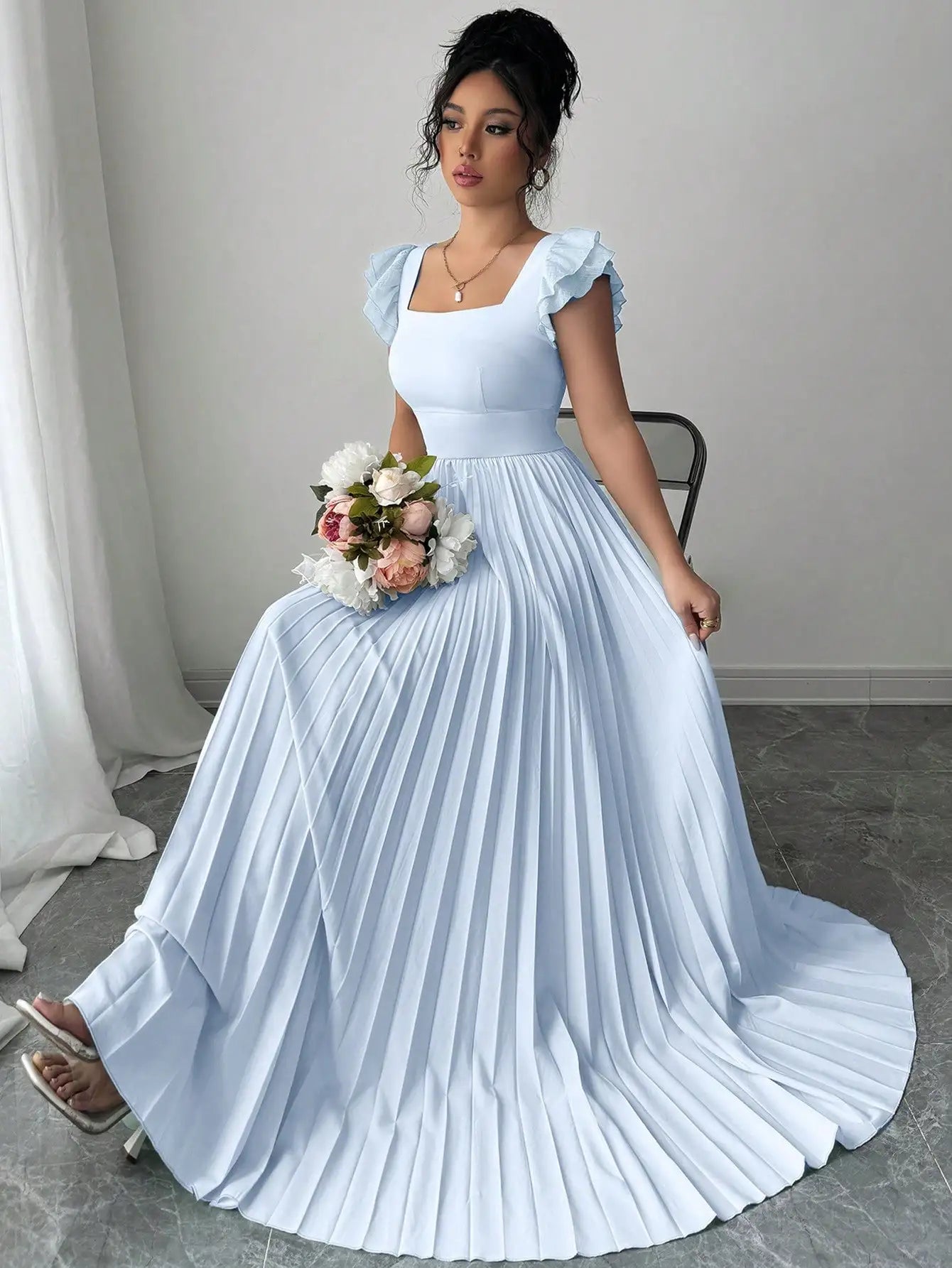 Elegant Square Neck Ruffled Sleeve Pleated Maxi Dress