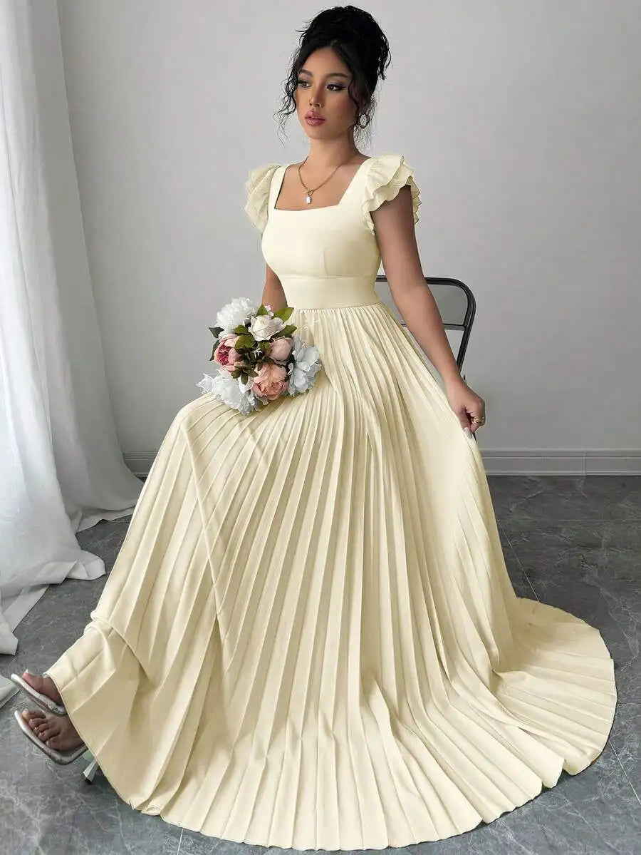 Elegant Square Neck Ruffled Sleeve Pleated Maxi Dress