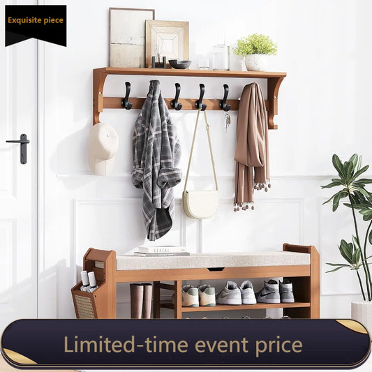 Bamboo Shoe Rack Bench With Coat Rack And Storage Baskets