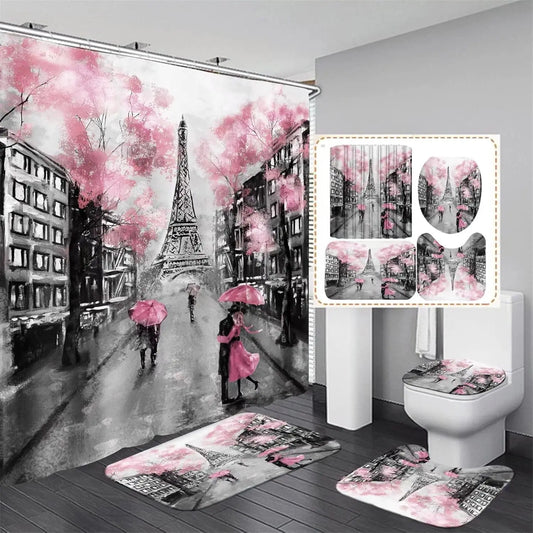 Paris Eiffel Tower Shower Curtain Set With Non Slip Rugs