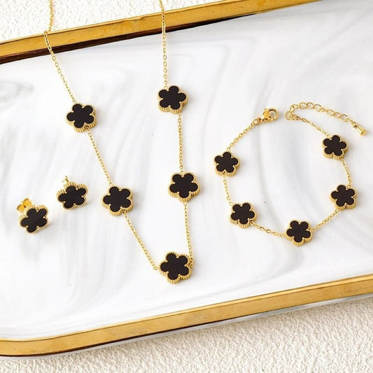 NONED 18K Gold-Plated Five-Leaf Clover Jewelry Set Necklace Earrings Bracelet