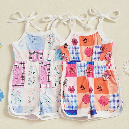NONECN Toddler Girl Sleeveless Romper With Tie Straps Floral Patchwork