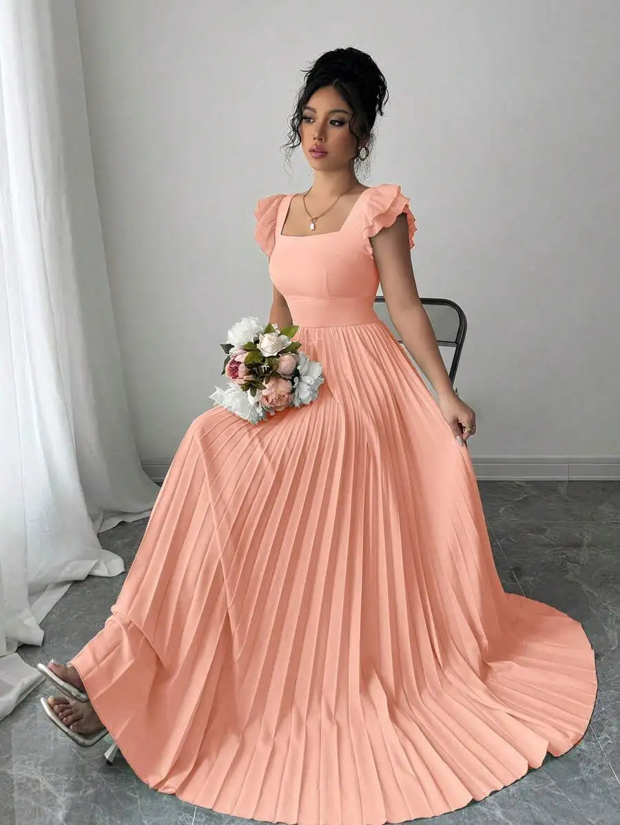 Elegant Square Neck Ruffled Sleeve Pleated Maxi Dress