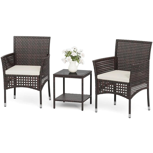 Outdoor 3 Piece Patio Set Wicker Chairs Glass Coffee Table