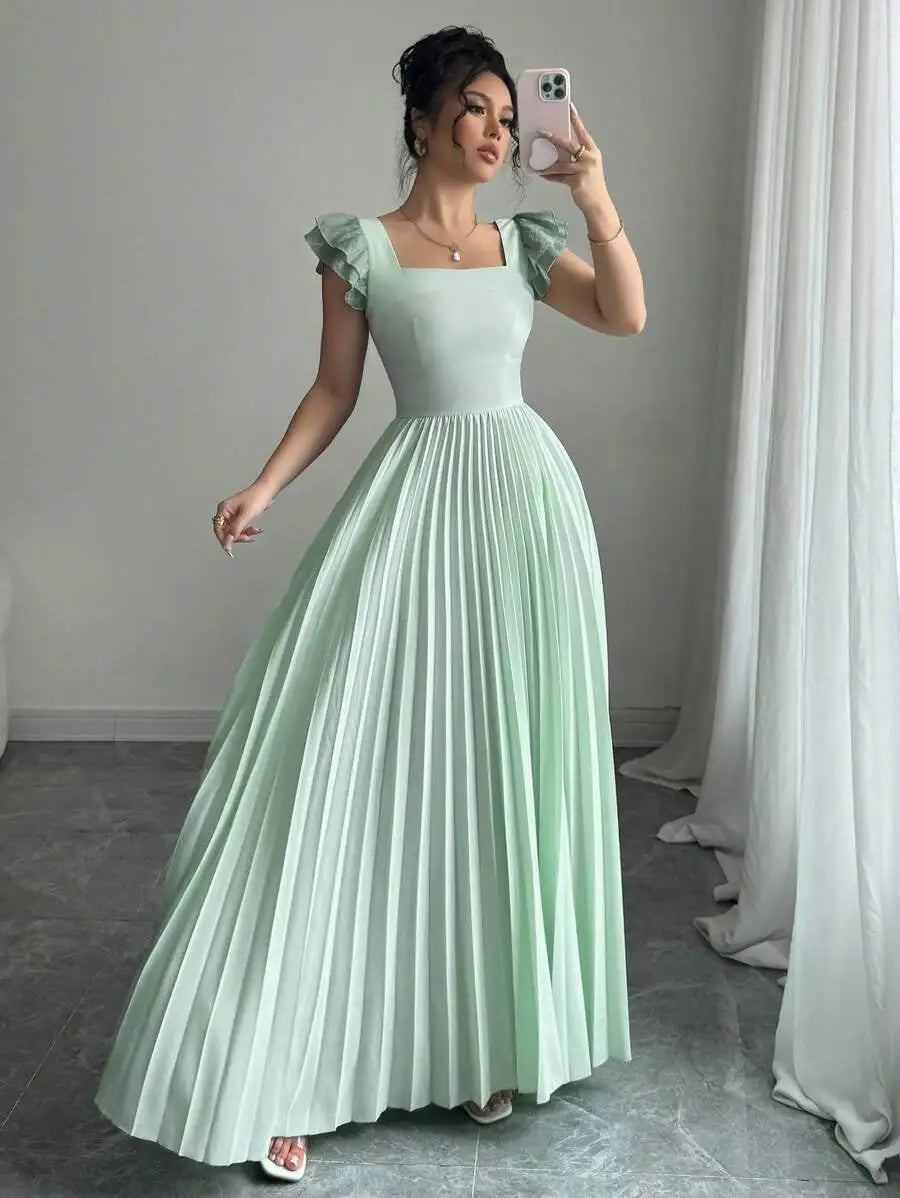 Elegant Square Neck Ruffled Sleeve Pleated Maxi Dress