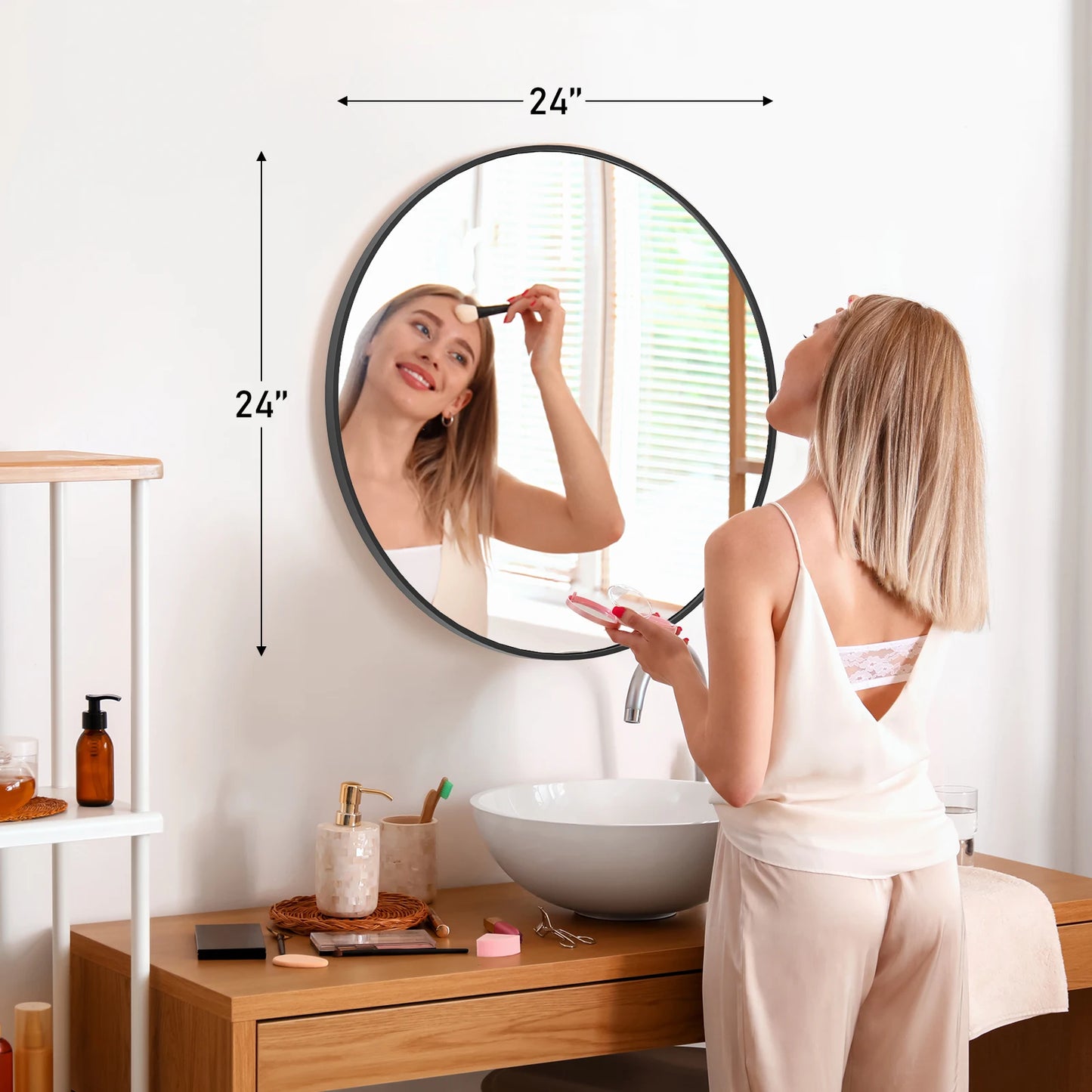 JHK Modern Round Vanity Wall Mirror With Matte Metal Frame