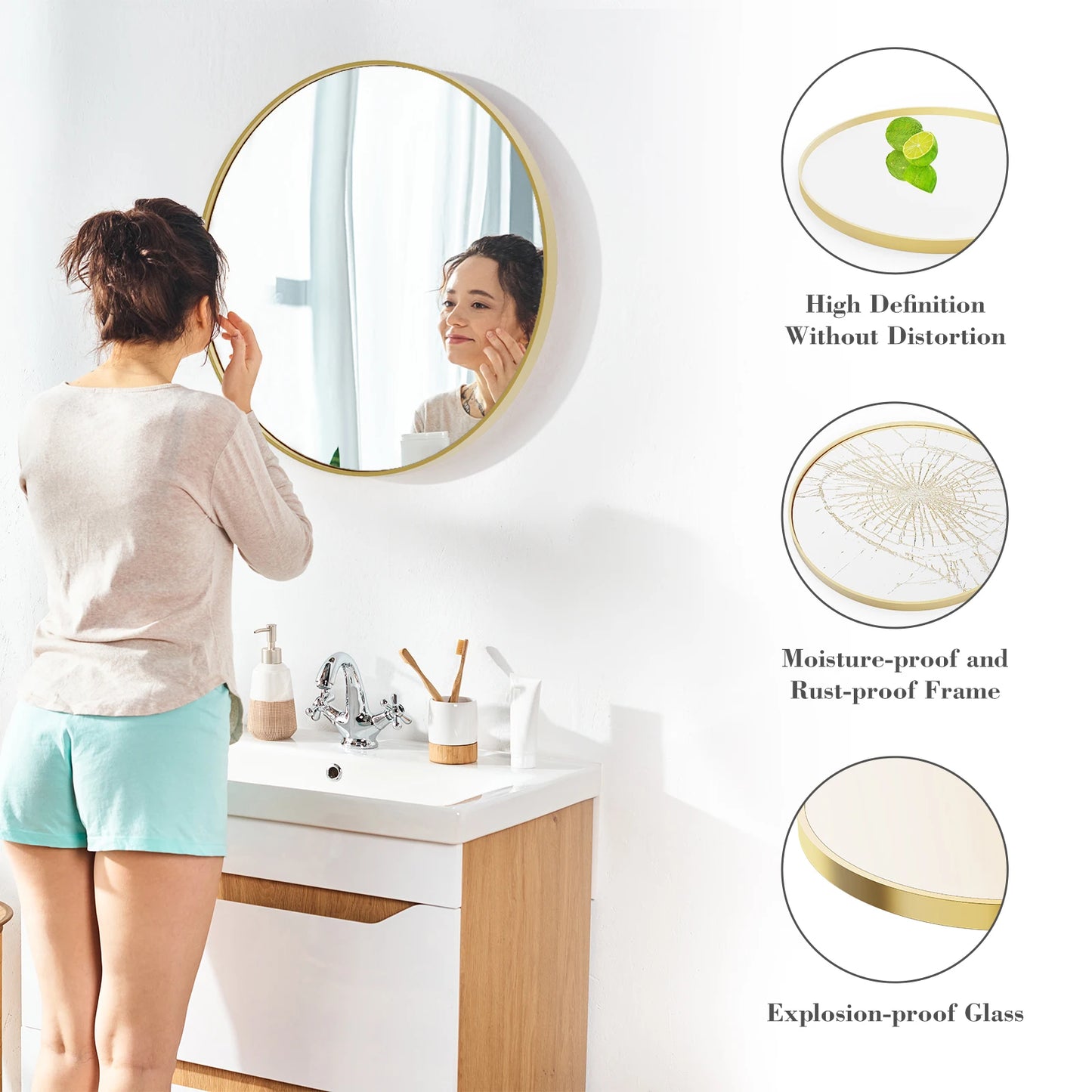 JHK Modern Round Vanity Wall Mirror With Matte Metal Frame